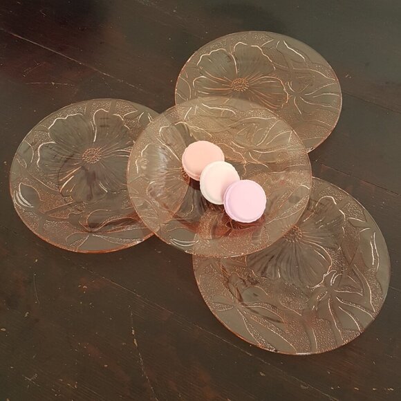4pc Pink Glass Plates Floral Hibiscus Dessert Plates - Picture 1 of 9